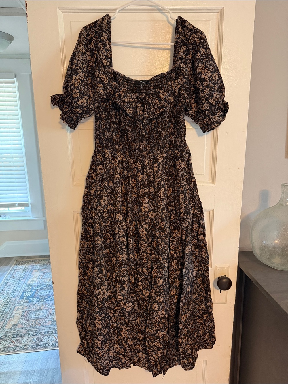 Smocked Square-Neck Maxi Dress in Black Floral